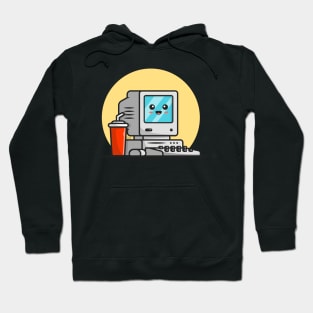 Cute Old Computer Desktop with Coffee Cartoon Vector Icon Illustration Hoodie